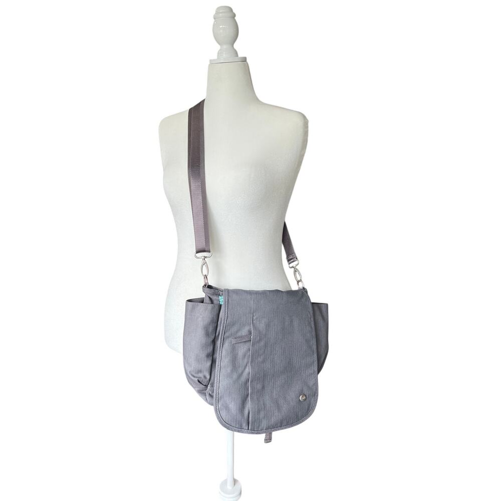Haiku Convertible Messenger Bag - Gray with Teal Lining Multiple Pockets Zippers